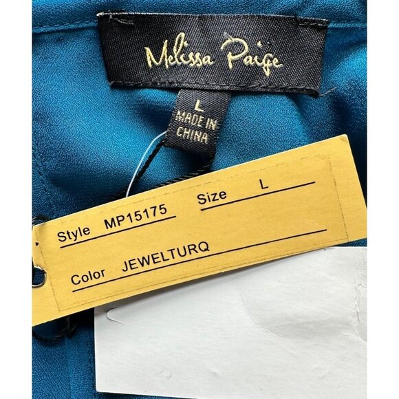 Melissa Paige Blouse Women Large Blue Long Roll Tab Sleeve Cross Back NWT - Picture 7 of 10